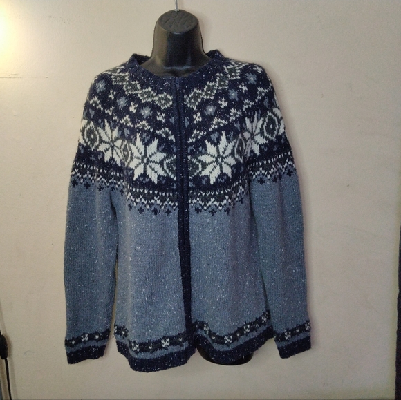 Eddie Bauer Fair Isle Wool Blend Cardigan Sweater Button Down Size M - Picture 2 of 14